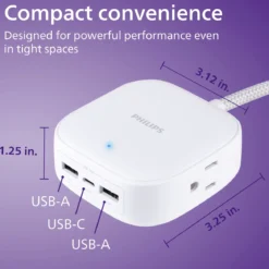 Philips Desktop Charging Hub, 2 outlets, 2 USB-A, 1 USB-C, 5ft. Braided Cord, White