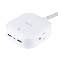 Philips Desktop Charging Hub, 2 outlets, 2 USB-A, 1 USB-C, 5ft. Braided Cord, White