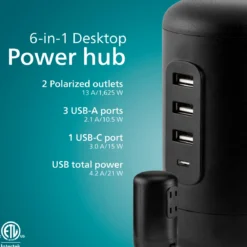 Philips Desktop Power Hub, 2 outlets, 3 USB-A, 1 USB-C, 5ft. cord, black