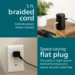 Philips Desktop Power Hub, 2 outlets, 3 USB-A, 1 USB-C, 5ft. cord, black