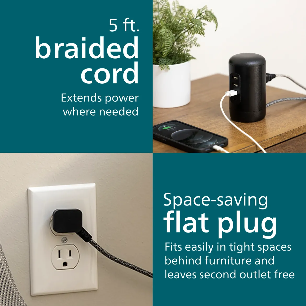 Philips Desktop Power Hub, 2 outlets, 3 USB-A, 1 USB-C, 5ft. cord, black