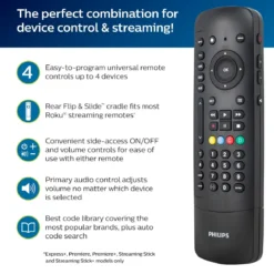 Philips 4-Device Universal Companion Remote for Roku with Flip and Slide Cradle, Black