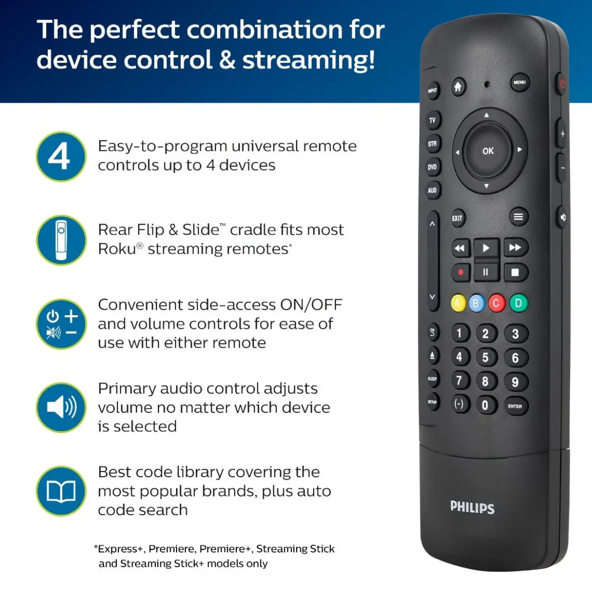 Philips 4-Device Universal Companion Remote for Roku with Flip and Slide Cradle, Black