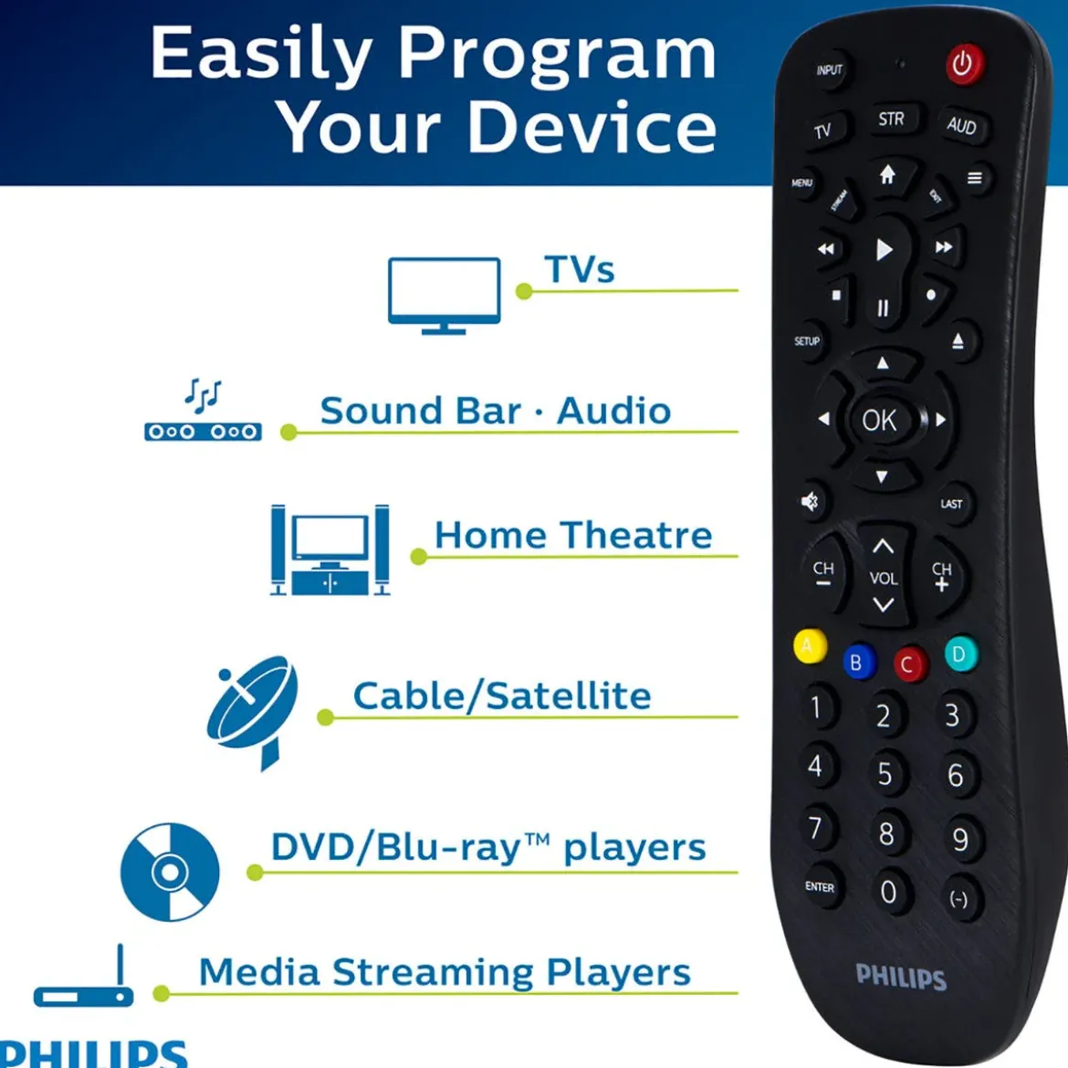 Philips 3-Device Universal Remote, Brushed Black