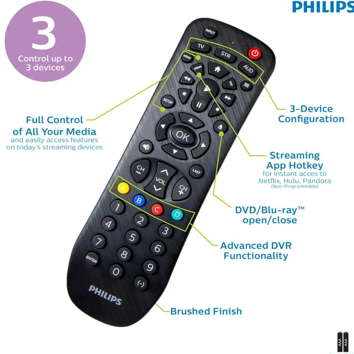 Philips 3-Device Universal Remote, Brushed Black