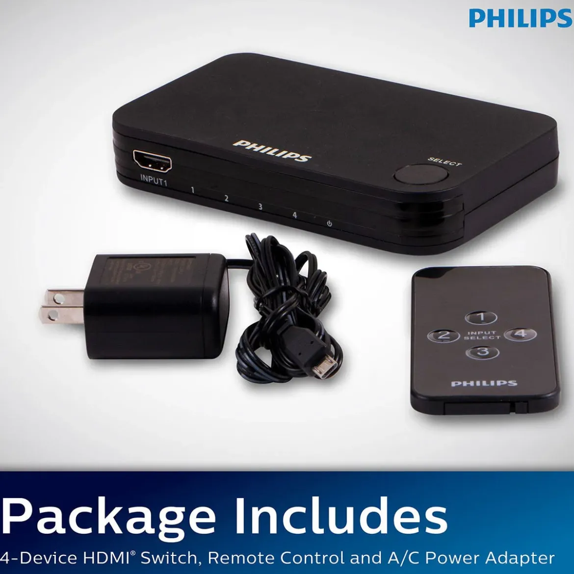 Philips Elite 4-Port HDMI Splitter Switch with Wireless Remote, Black