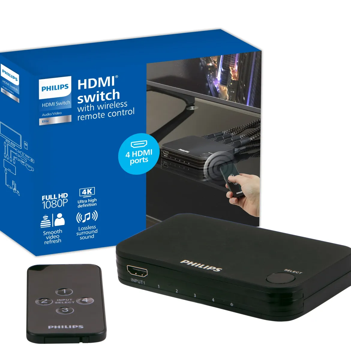 Philips Elite 4-Port HDMI Splitter Switch with Wireless Remote, Black