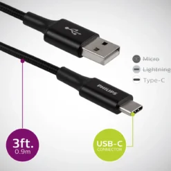 Philips Elite USB-A to USB-C Cable, 3ft, Braided Cord, Black