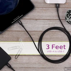 Philips Elite USB-A to USB-C Cable, 3ft, Braided Cord, Black