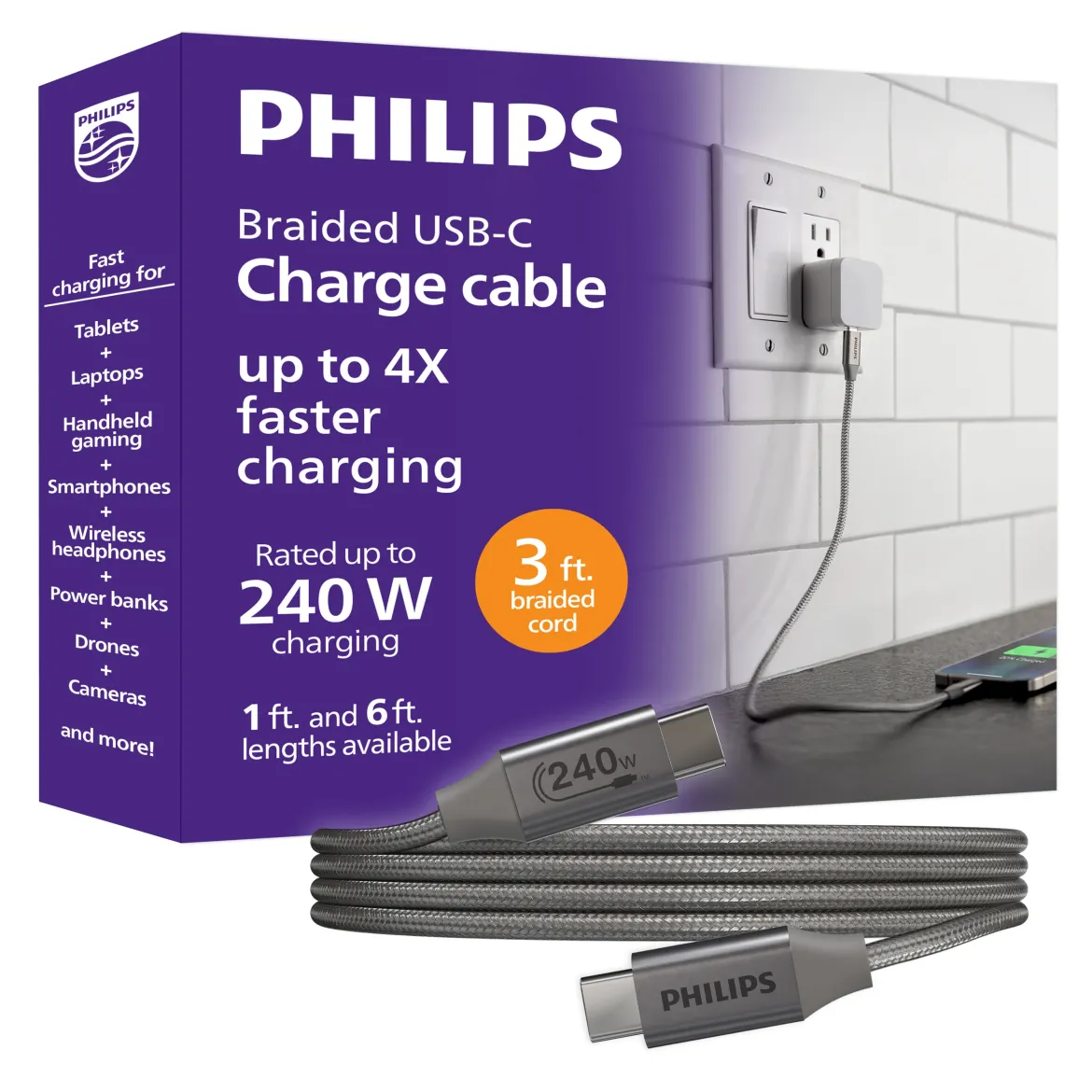 Philips Elite USB-C to USB-C Cable, 3ft, Braided Cord, Black/Gray Heather