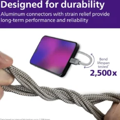Philips Elite USB-C to USB-C Cable, 3ft, Braided Cord, Black/Gray Heather