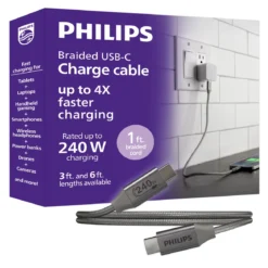 Philips Elite USB-C to USB-C Cable, 1ft, Braided Cord, Black/Gray Heather