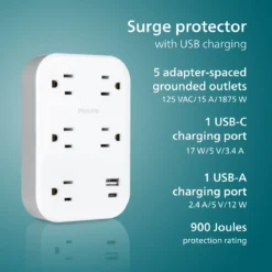 Philips EZFit 5-Outlet Extender Wall Tap with Surge Protection, Grounded Adapter, Charging Station, 3 Prong, 1 USB-A, 1 USB-C, 900J, White,