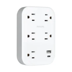 Philips EZFit 5-Outlet Extender Wall Tap with Surge Protection, Grounded Adapter, Charging Station, 3 Prong, 1 USB-A, 1 USB-C, 900J, White,