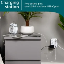 Philips EZFit 5-Outlet Extender Wall Tap with Surge Protection, Grounded Adapter, Charging Station, 3 Prong, 1 USB-A, 1 USB-C, 900J, White,