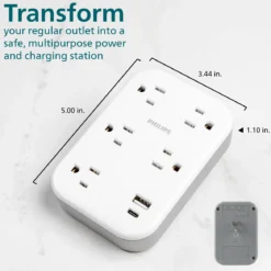 Philips EZFit 5-Outlet Extender Wall Tap with Surge Protection, Grounded Adapter, Charging Station, 3 Prong, 1 USB-A, 1 USB-C, 900J, White,