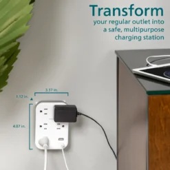 Philips EZFit 5-Outlet Extender Wall Tap with Surge Protection, Grounded Adapter, Charging Station, 3 Prong, 1 USB-A, 1 USB-C, 900J, White,
