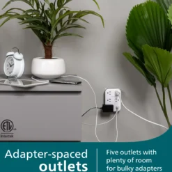 Philips EZFit 5-Outlet Extender Wall Tap with Surge Protection, Grounded Adapter, Charging Station, 3 Prong, 1 USB-A, 1 USB-C, 900J, White,