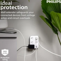 Philips EZFit 5-Outlet Extender Wall Tap with Surge Protection, Grounded Adapter, Charging Station, 3 Prong, 1 USB-A, 1 USB-C, 900J, White,