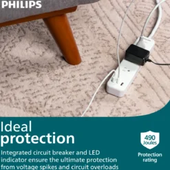 Philips EZFit 3-Outlet Surge Protector with 2A/1C, 490J, Adapter-Spaced, 6ft Braided Cord, White