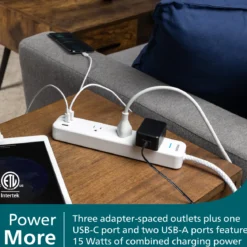 Philips EZFit 3-Outlet Surge Protector with 2A/1C, 490J, Adapter-Spaced, 6ft Braided Cord, White