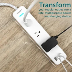 Philips EZFit 3-Outlet Surge Protector with 2A/1C, 490J, Adapter-Spaced, 6ft Braided Cord, White