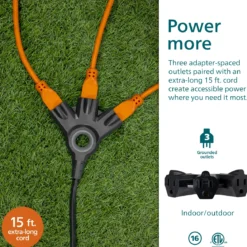 Philips EZGrip™ 3-Outlet 15ft. Indoor/Outdoor Extension Cord, Black