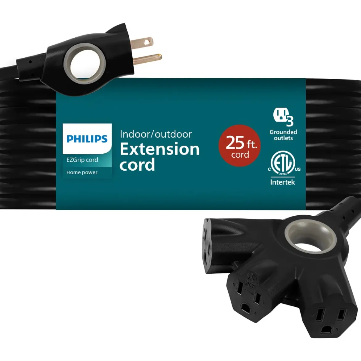 Philips EZGrip™ 3-Outlet 25ft Indoor/Outdoor Extension Cord, Black