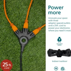 Philips EZGrip™ 3-Outlet 25ft Indoor/Outdoor Extension Cord, Black