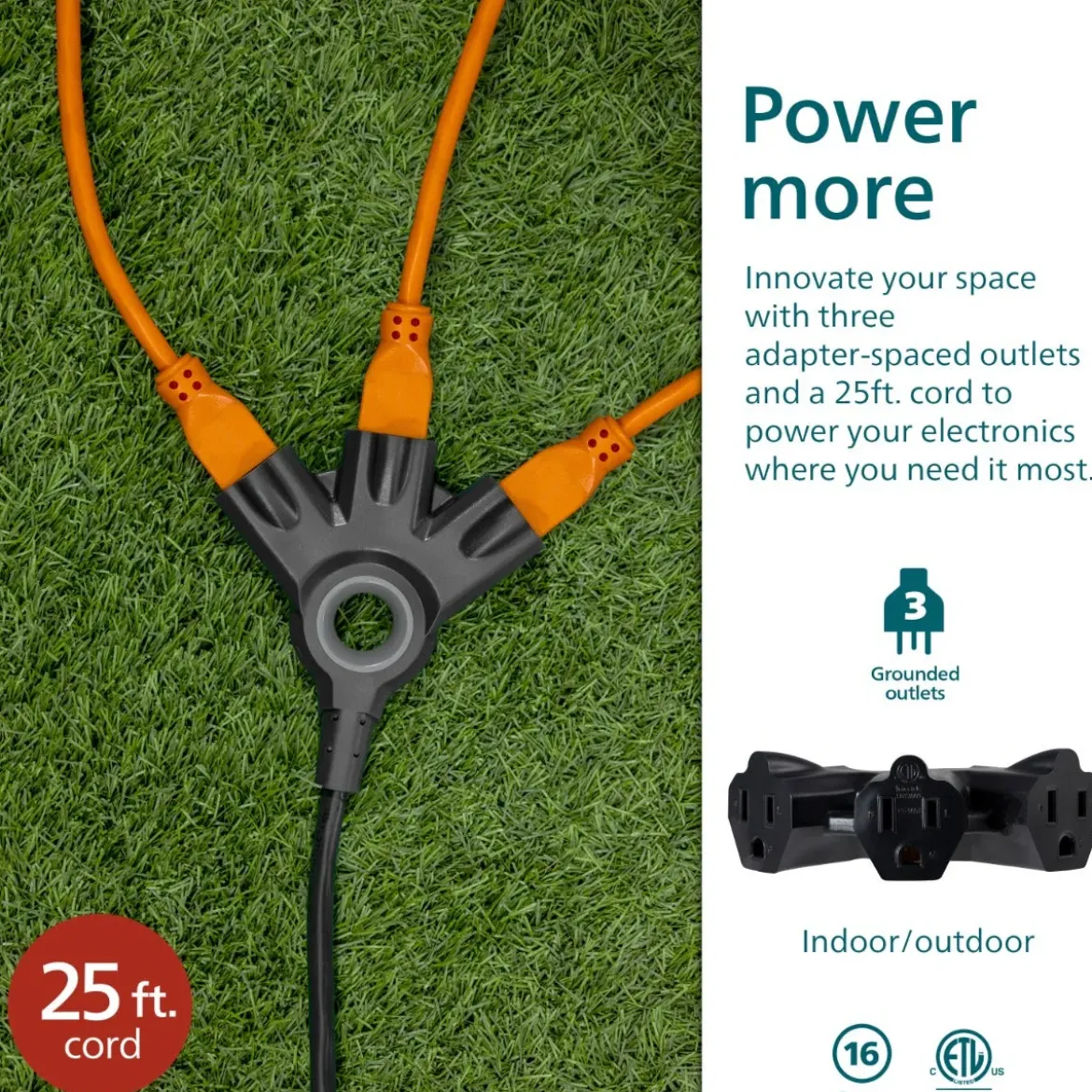 Philips EZGrip™ 3-Outlet 25ft Indoor/Outdoor Extension Cord, Black