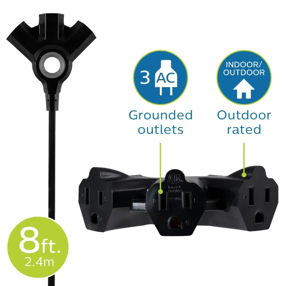Philips EZGrip™ 3-Outlet 8ft. Indoor/Outdoor Extension Cord, Black