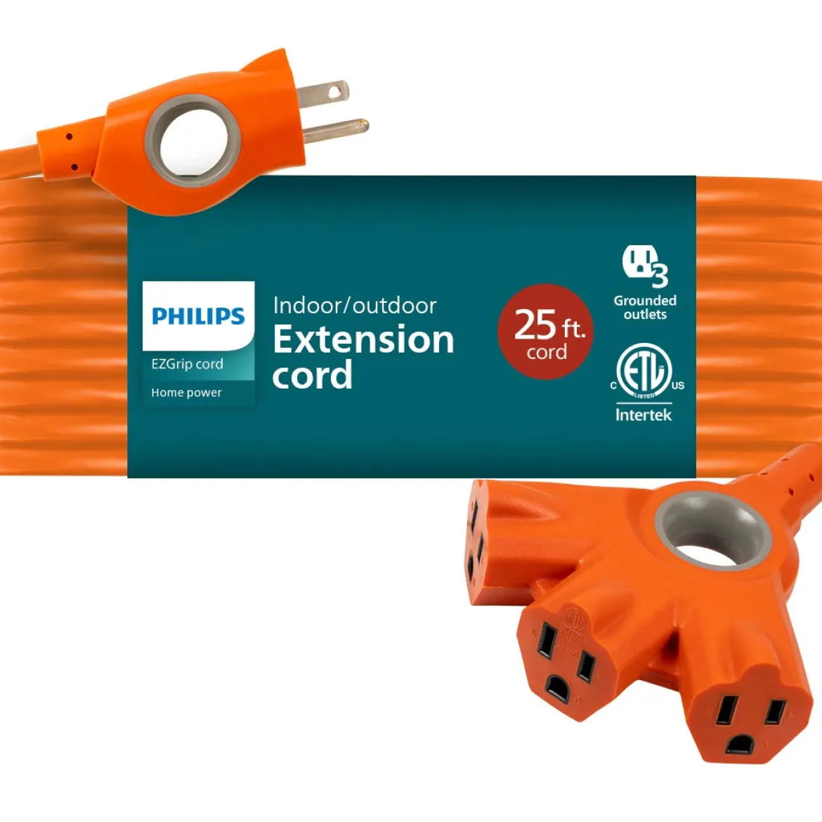 Philips EZGrip™ 3-Outlet 25ft. Indoor/Outdoor Extension Cord, Orange