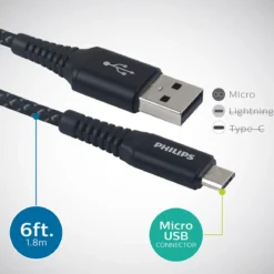 Philips 6ft. USB-A to Micro USB Charging Cable with Braided Cord, Black