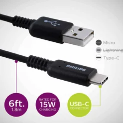 Philips 6ft. USB-C to USB-A Charging Cable, Black