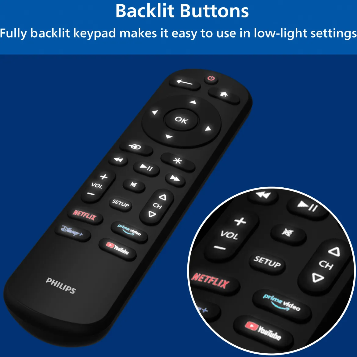 Philips OneTouch Streaming Replacement Remote Control, Streaming, Backlit, Black