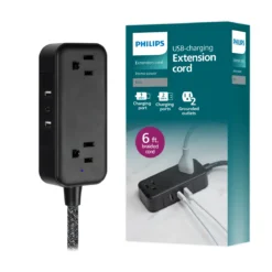 Philips 2-Outlet Extension Cord, 1 USB-C, 2 Type-A Ports, Braided Extension Cord with Multiple Outlets, Flat Plug, Black