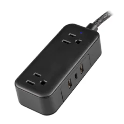 Philips 2-Outlet Extension Cord, 1 USB-C, 2 Type-A Ports, Braided Extension Cord with Multiple Outlets, Flat Plug, Black