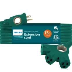 Philips 3-Outlet EZGrip Grounded Extension Cord, 15ft., Indoor/Outdoor, Green