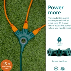 Philips 3-Outlet EZGrip Grounded Extension Cord, 15ft., Indoor/Outdoor, Green