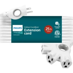 Philips 3-Outlet EZGrip Grounded Extension Cord, 25ft., Indoor/Outdoor, White