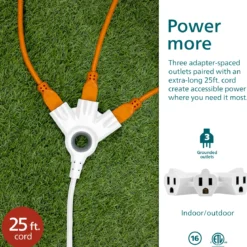 Philips 3-Outlet EZGrip Grounded Extension Cord, 25ft., Indoor/Outdoor, White