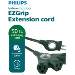 Philips 3-Outlet EZGrip Grounded Extension Cord, 50ft., Indoor/Outdoor, Green