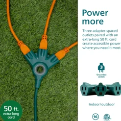 Philips 3-Outlet EZGrip Grounded Extension Cord, 50ft., Indoor/Outdoor, Green
