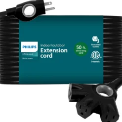 Philips 3-Outlet EZGrip Grounded Extension Cord, 50ft., Indoor/Outdoor, Black