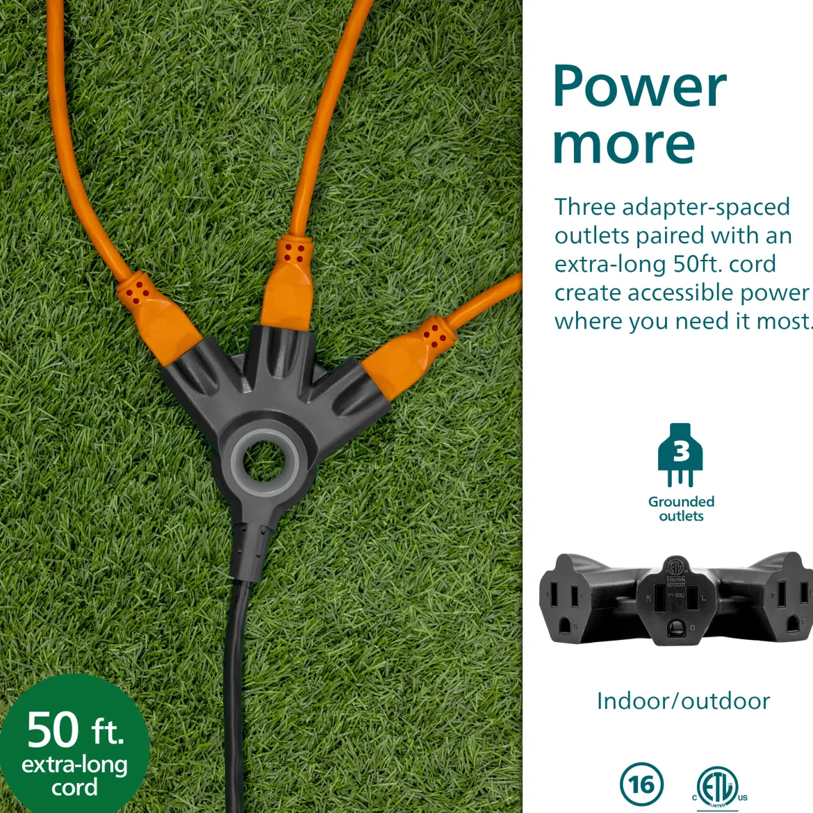 Philips 3-Outlet EZGrip Grounded Extension Cord, 50ft., Indoor/Outdoor, Black