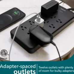 Philips 12-Outlet 6ft. Surge Protector with Adapter-Spaced Outlets, Black