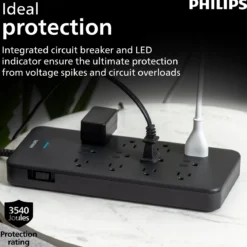 Philips 12-Outlet 6ft. Surge Protector with Adapter-Spaced Outlets, Black