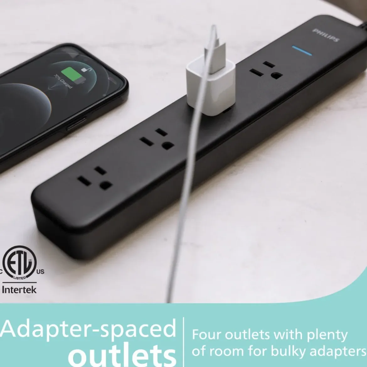 Philips 4-Outlet 4ft. Surge Protector with Adapter-Spaced Outlets, Black