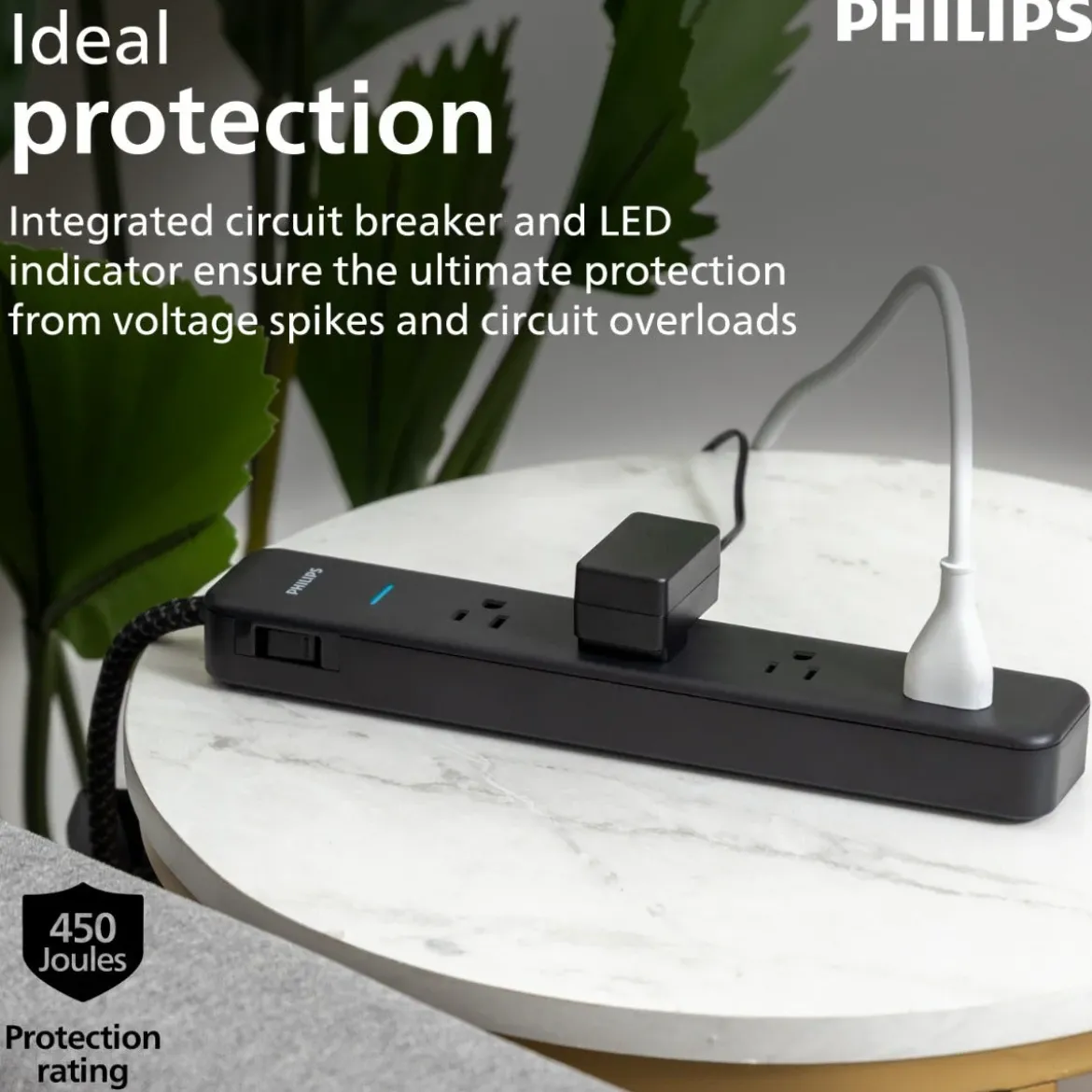 Philips 4-Outlet 4ft. Surge Protector with Adapter-Spaced Outlets, Black