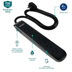 Philips 6-Outlet 4ft. Surge Protector, Black